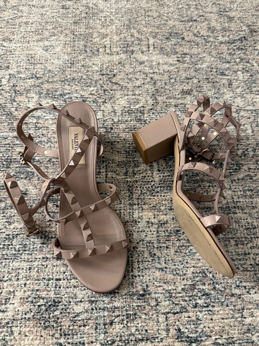 Valentino Garavani Taupe Rockstud Strappy Block Heel Sandals